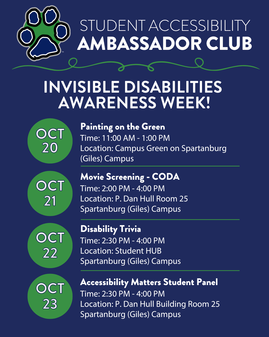 Graphic for the Student Accessibility Ambassador Club's Invisible Disabilities Awareness Week