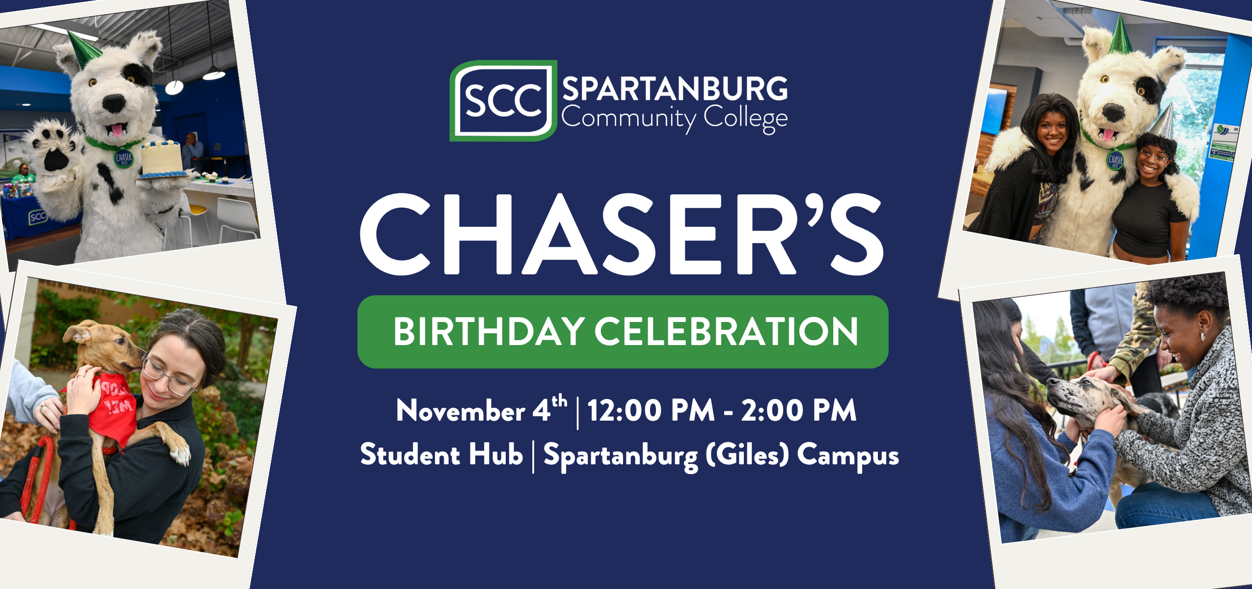 Graphic for Spartanburg Community College's Chaser Mascot Birthday celebration