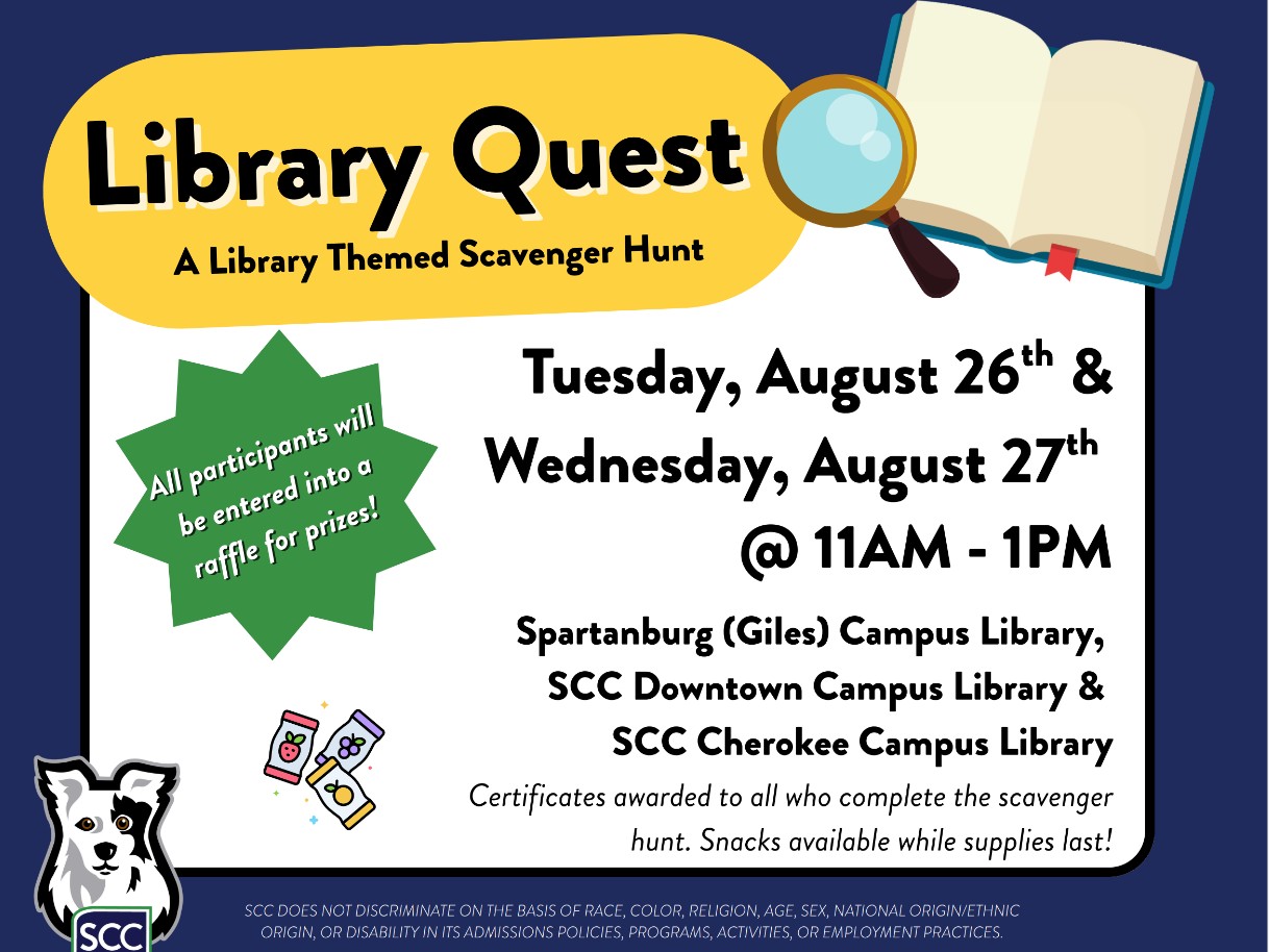 Graphic for Library Quest event on August 27,2025