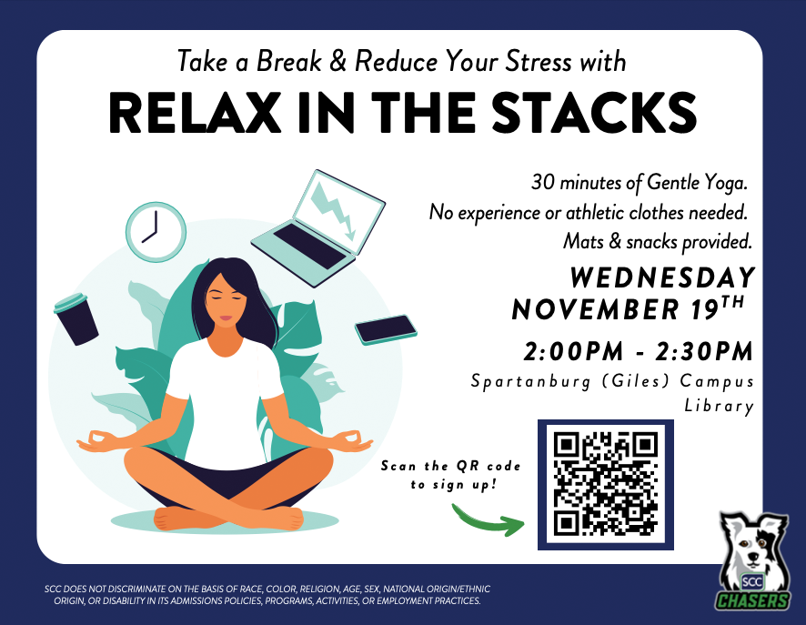 Graphic for the SCC event Relax in the Stacks taking place on November 19, 2025