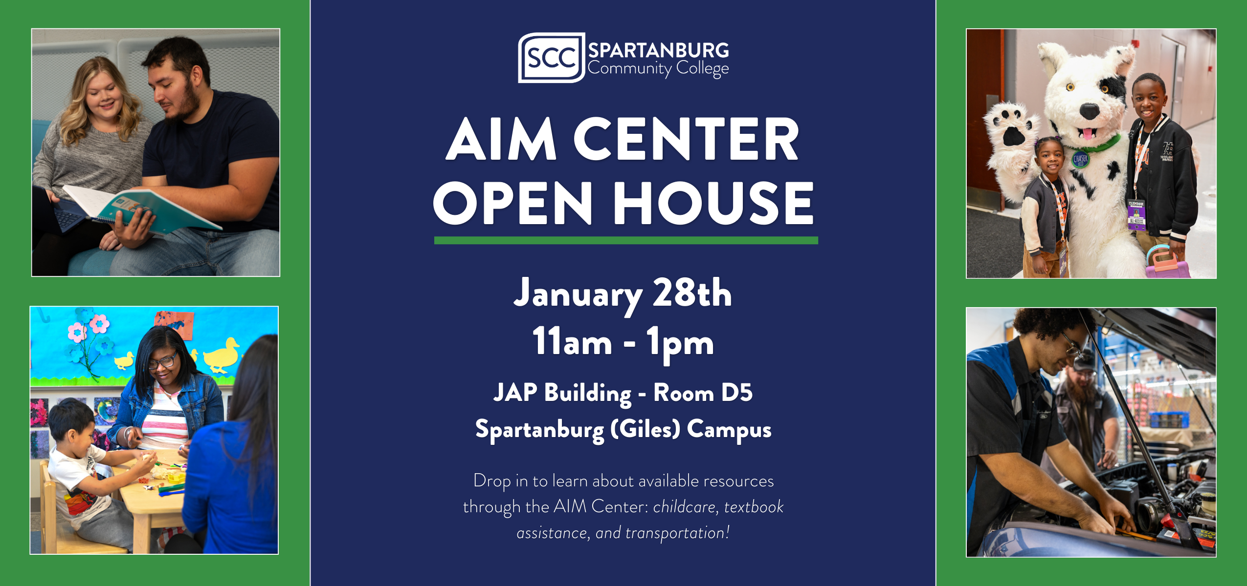 Flyer for Spartanburg Community College’s AIM Center Open House on January 28th, 11am–1pm, in the JAP Building, Room D5, at the Spartanburg (Giles) Campus, with photos of students, a classroom activity, an automotive lab, and children with the SCC mascot.