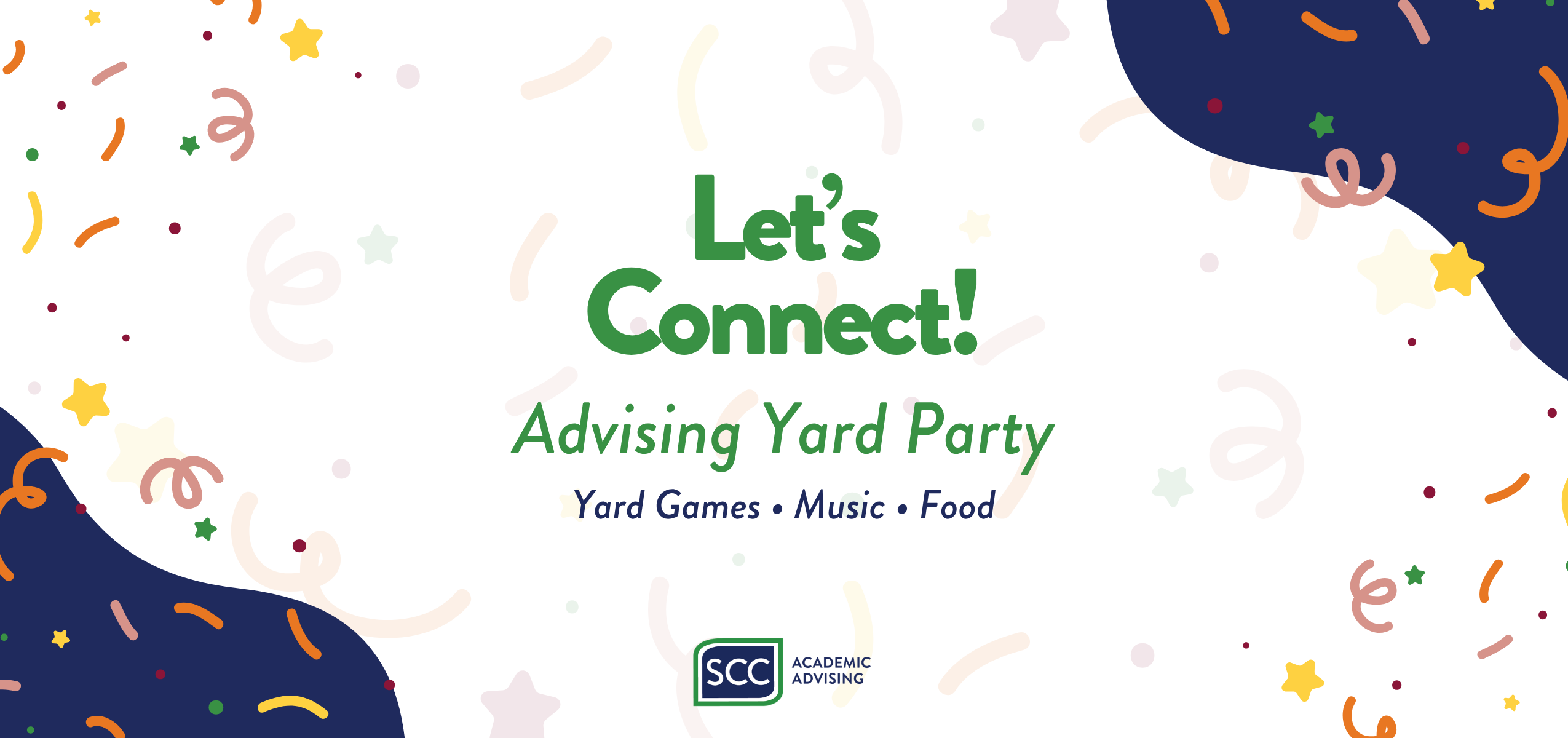 A festive event flyer with confetti graphics announcing the 