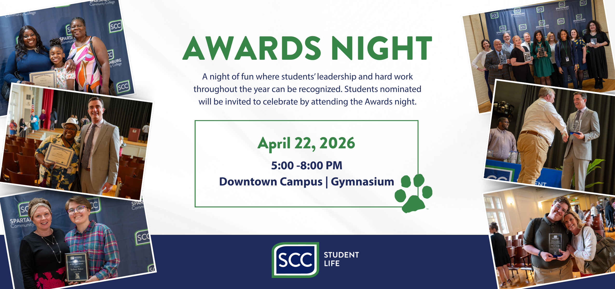 A promotional graphic for the SCC Awards Night taking place on April 22nd, 2026 from 5-8pm at the SCC Downtown Campus Gymnasium