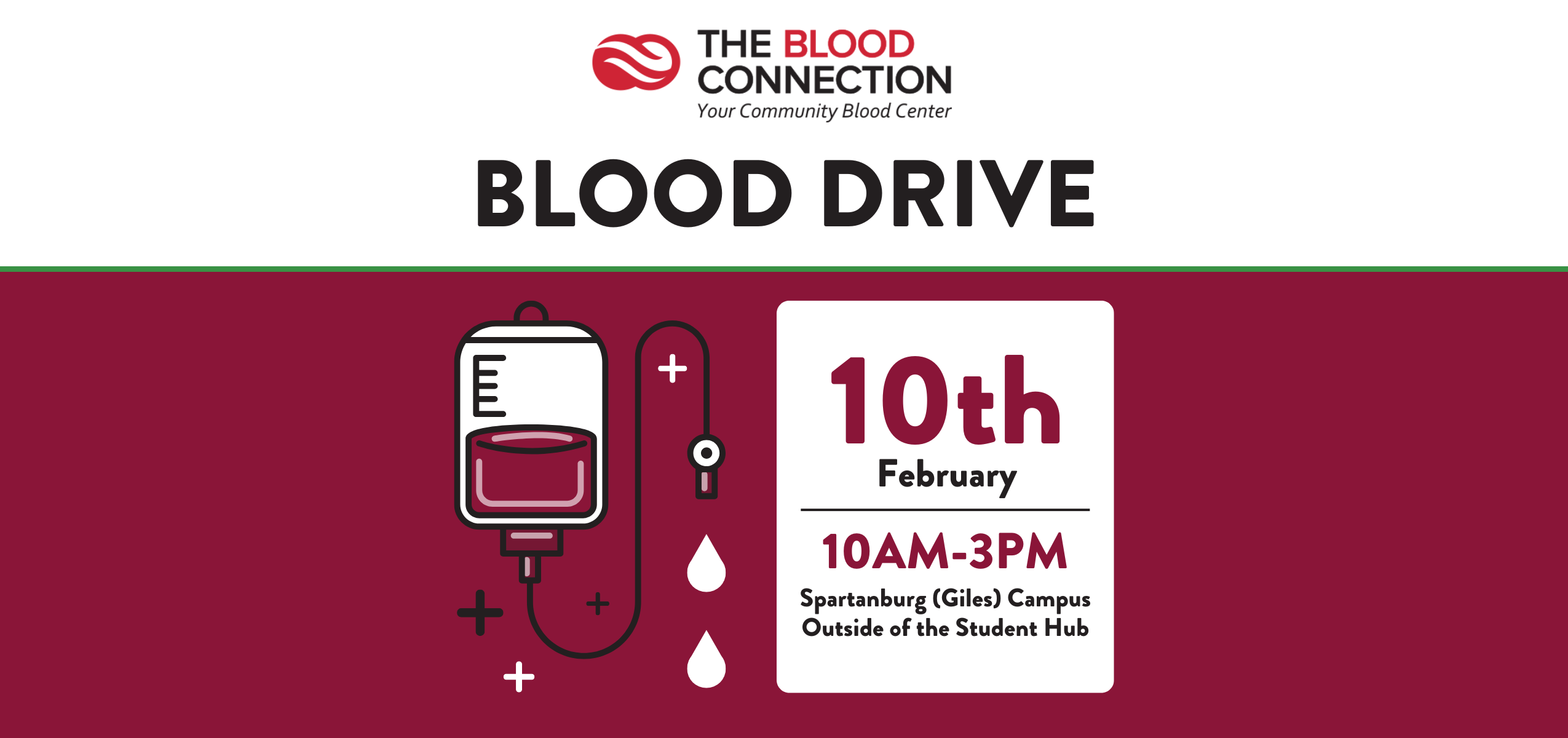 A blood drive event flyer with a red blood bag on the flyer with the text 