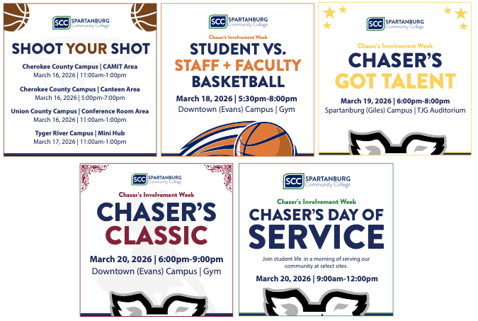 A collage of five flyers advertising 'Chaser's Involvement Week' events at Spartanburg Community College in March 2026. Events include 'Shoot Your Shot' (March 16-17), 'Student vs. Staff + Faculty Basketball' (March 18), 'Chaser's Got Talent' (March 19), 'Chaser's Classic' (March 20), and 'Chaser's Day of Service' (March 20)