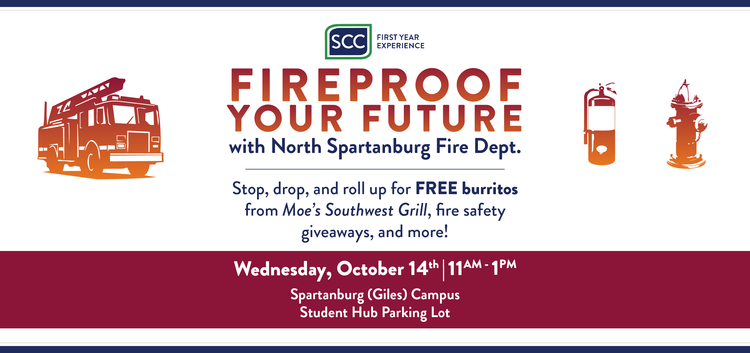 SCC Fireproof Your Future event flyer. Wednesday, Oct 14, 11am-1pm, Giles Campus Student Hub Parking Lot. Free Moe's burritos, fire safety giveaways & more.