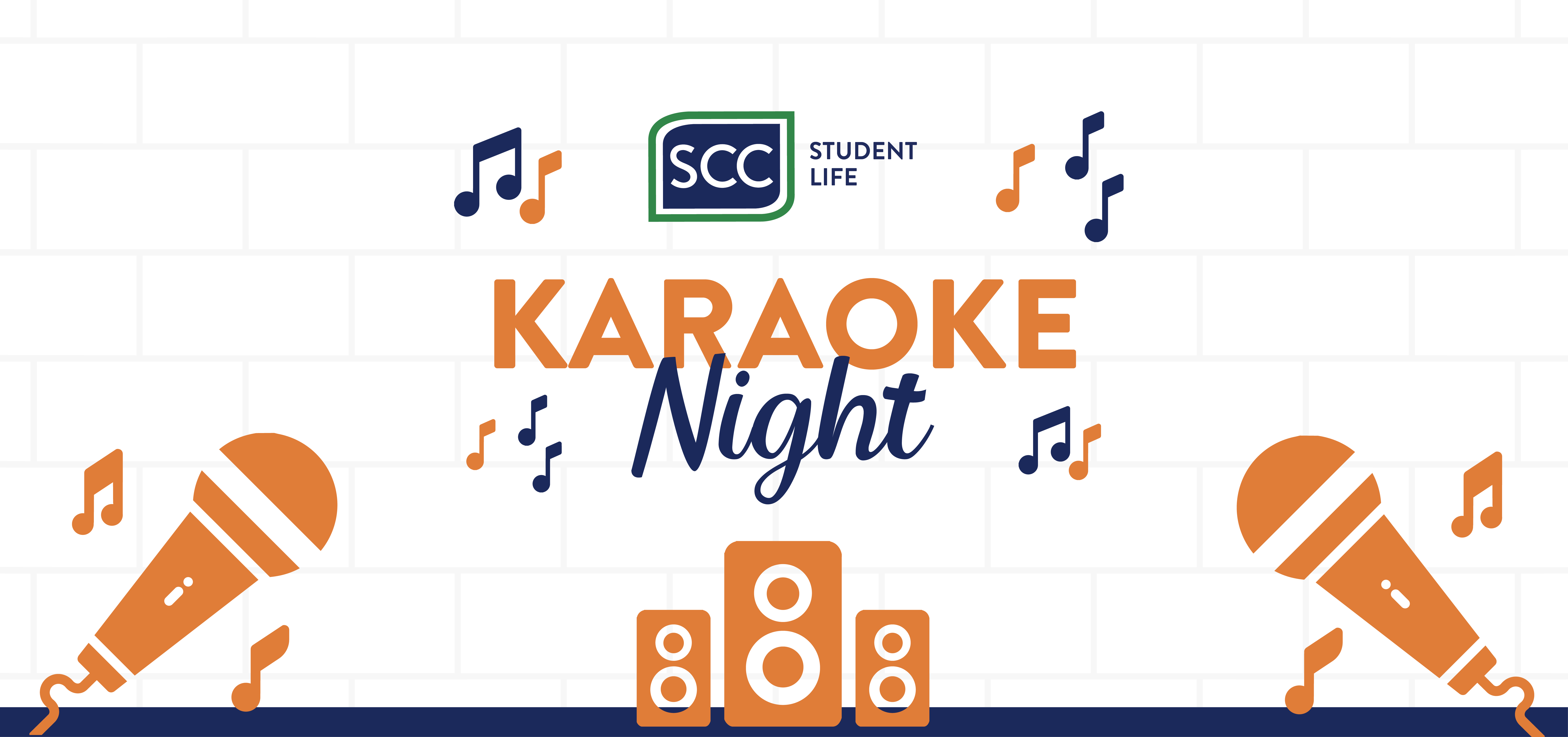 Promotional graphic for an SCC Student Life Karaoke Night event. The SCC Student Life logo appears above the words “Karaoke Night” in large orange and blue lettering. The design features illustrated microphones, musical notes, and speakers against a light gray brick-pattern background, creating a fun and energetic atmosphere centered around music, singing, and student engagement