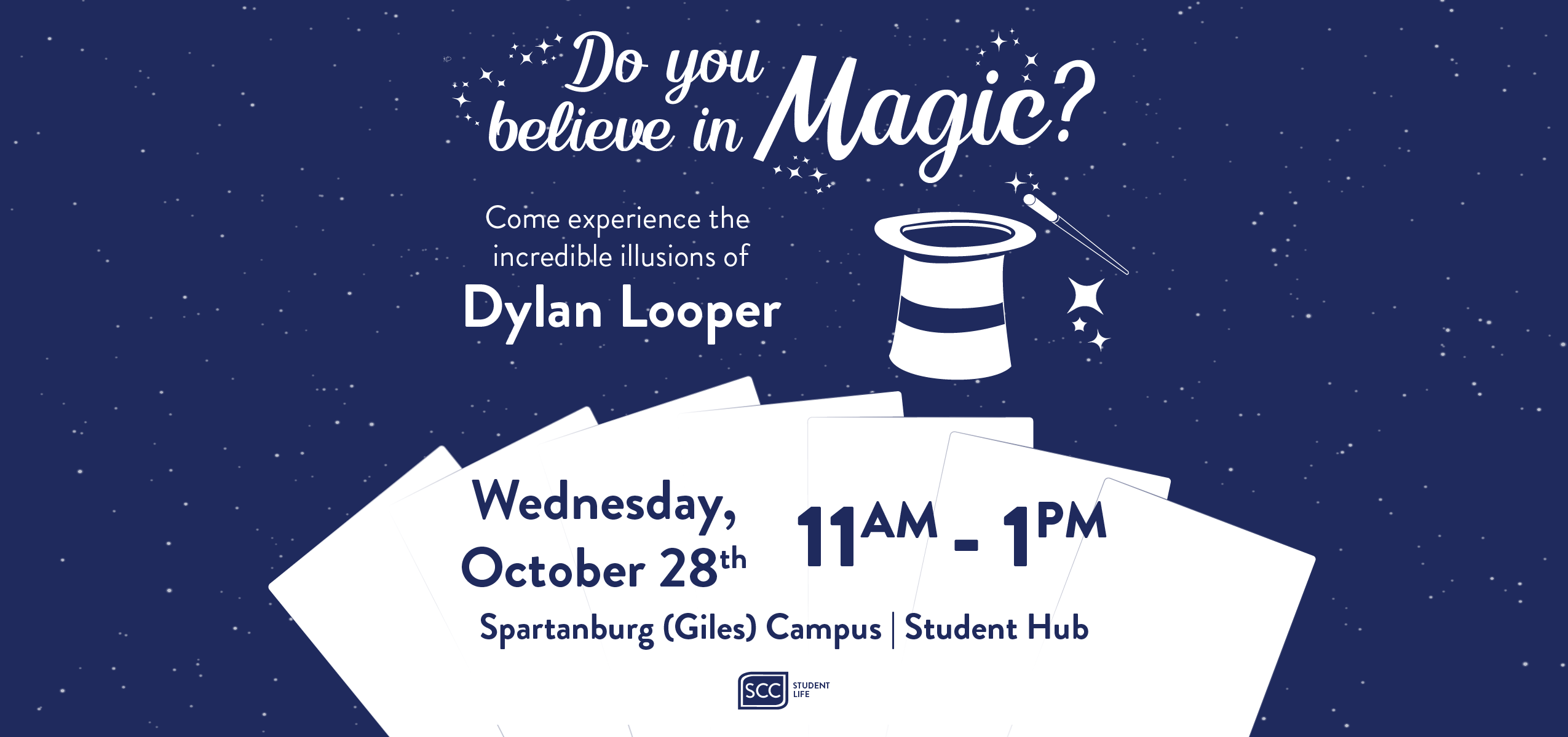 SCC Student Life magic show event banner titled 