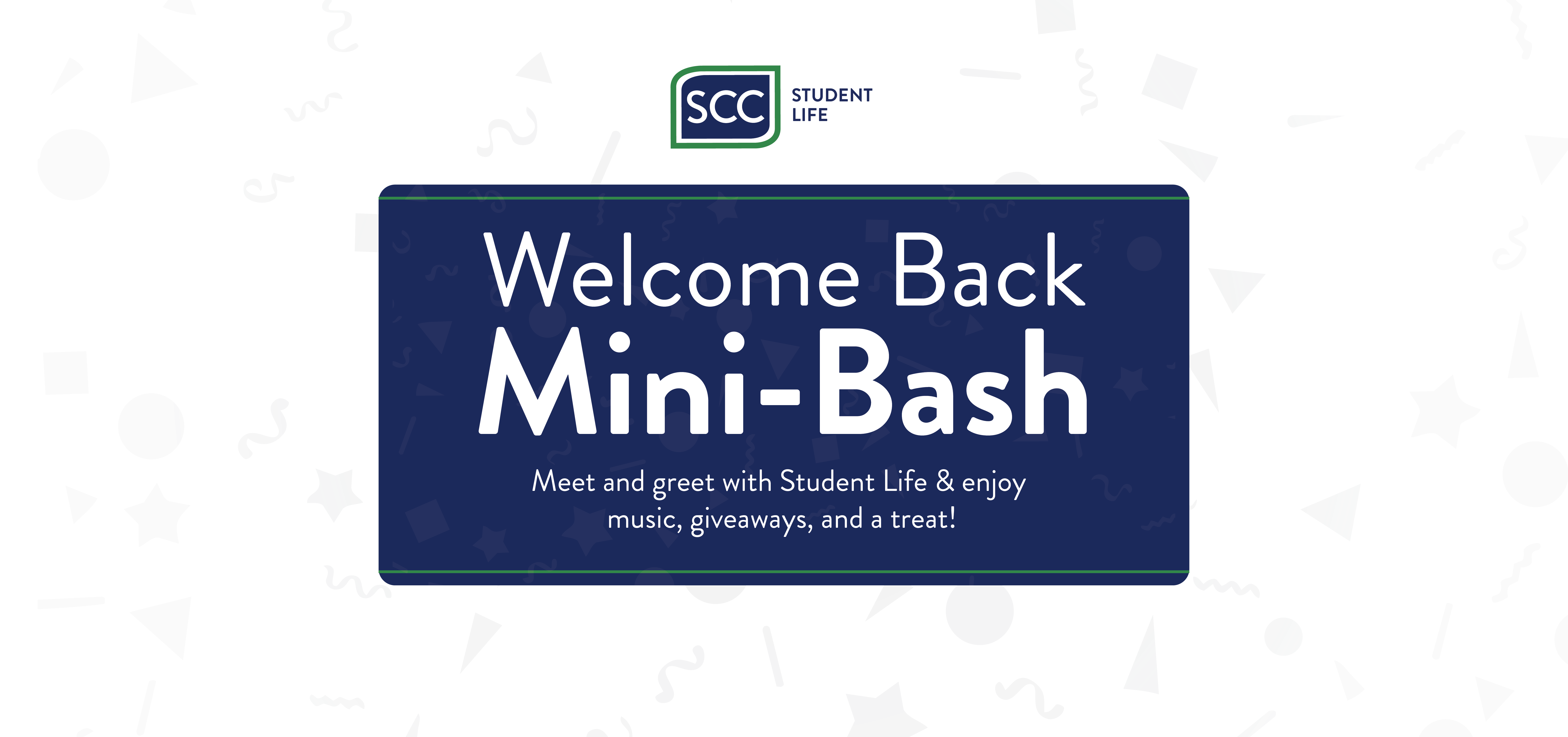 An event flyer featuring a blue text box centered on a white background with a faint, scattered pattern of geometric shapes, stars, and squiggly lines.At the top center, a logo reads 