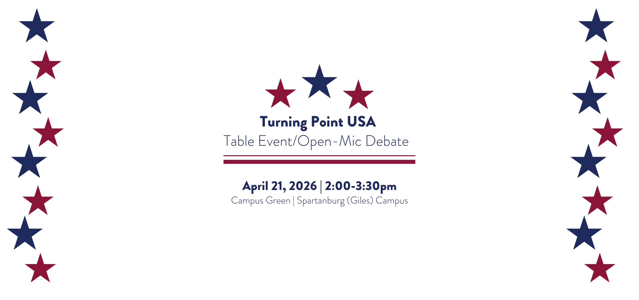 Promotional graphic for a “Turning Point USA Club Meeting” featuring a red, white, and blue patriotic design with stars in the corners. The event is scheduled for March 31, 2026, at 1:00 p.m. at the Spartanburg (Giles) Campus in the Tracy Gaines Auditorium. The graphic highlights topics including thoughtful discussion, campus initiatives, and leadership development.