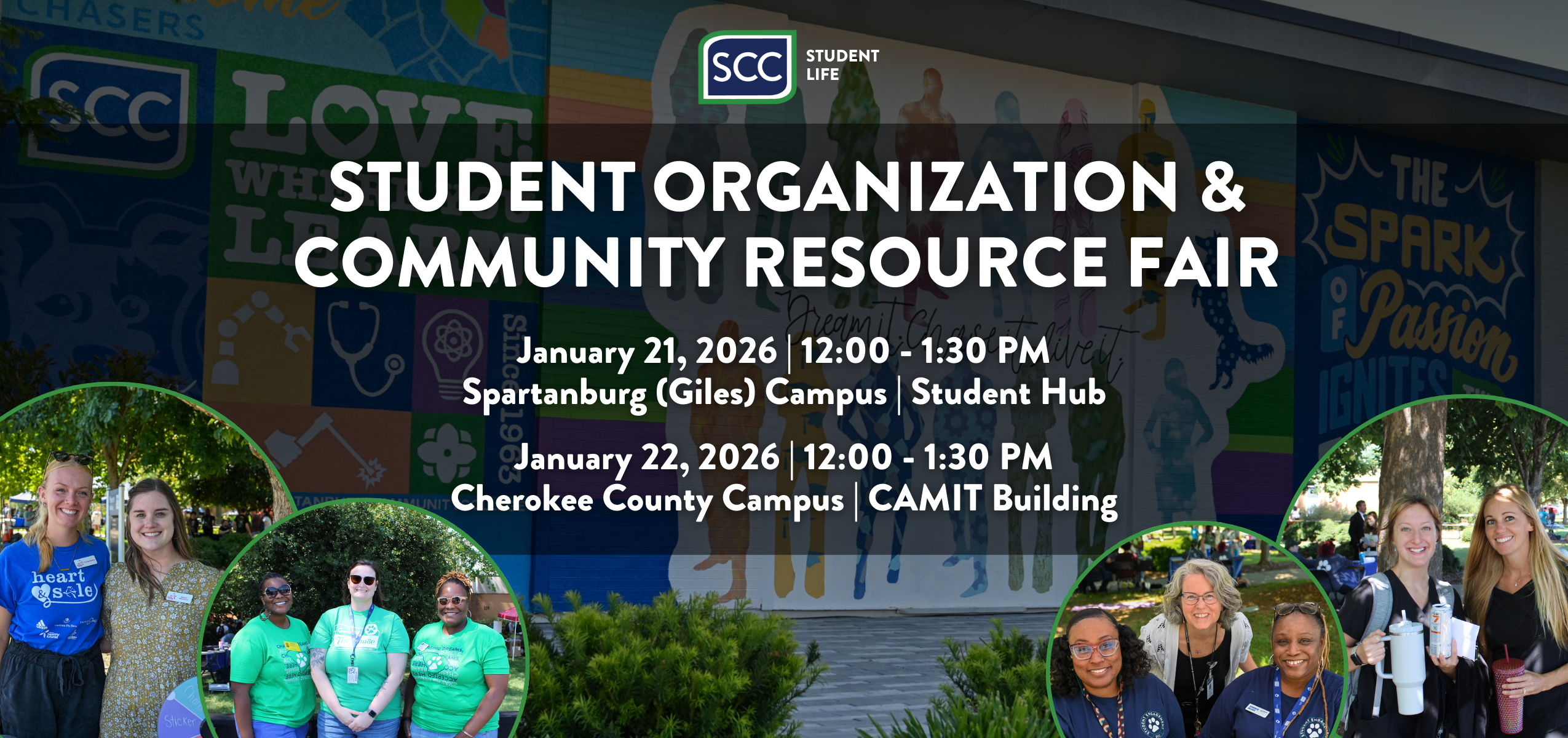Graphic for the SCC Student Organization and Community Resource Fair happening on January 21,2026 at the SCC Giles Campus and January 22nd, 2026 on the Cherokee Campus