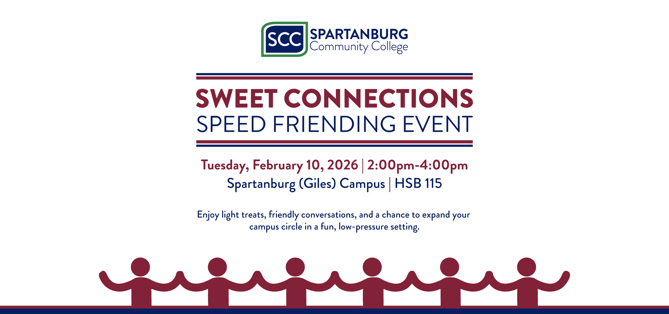 Graphic for the SCC Sweet Connections Speed Friending Event taking place on Thursday, February 10, 2026 at the Spartanburg (Giles) Campus Room HSB 115
