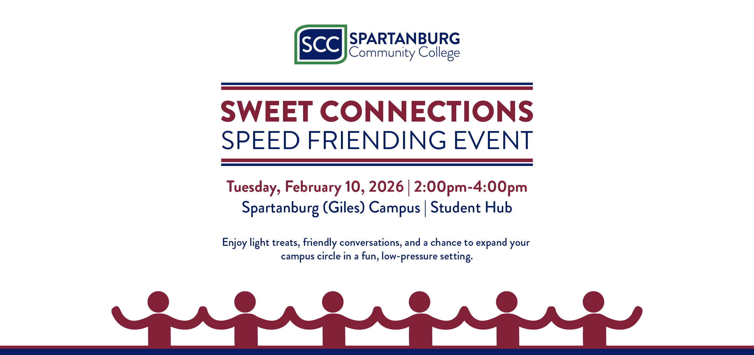 Graphic for the SCC Sweet Connections Speed Friending Event taking place on Thursday, February 10, 2026 at the Spartanburg (Giles) Campus Room HSB 115
