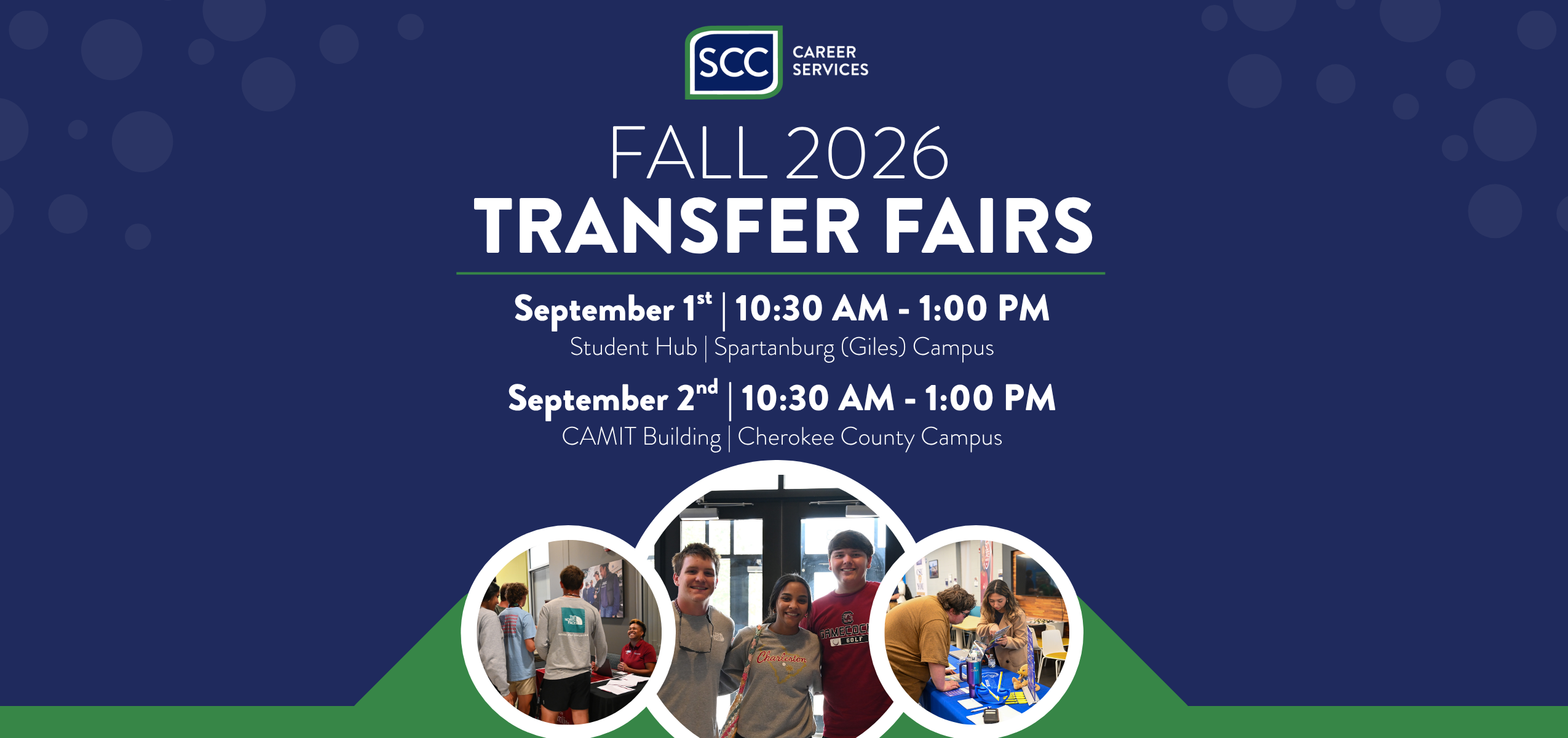 Promotional graphic for SCC Career Services Fall 2026 Transfer Fairs. The flyer announces two transfer fair events: September 1 from 10:30 AM to 1:00 PM in the Student Hub at the Spartanburg (Giles) Campus, and September 2 from 10:30 AM to 1:00 PM in the CAMIT Building at the Cherokee County Campus. The design features the SCC Career Services logo, bold event title text, and circular photos