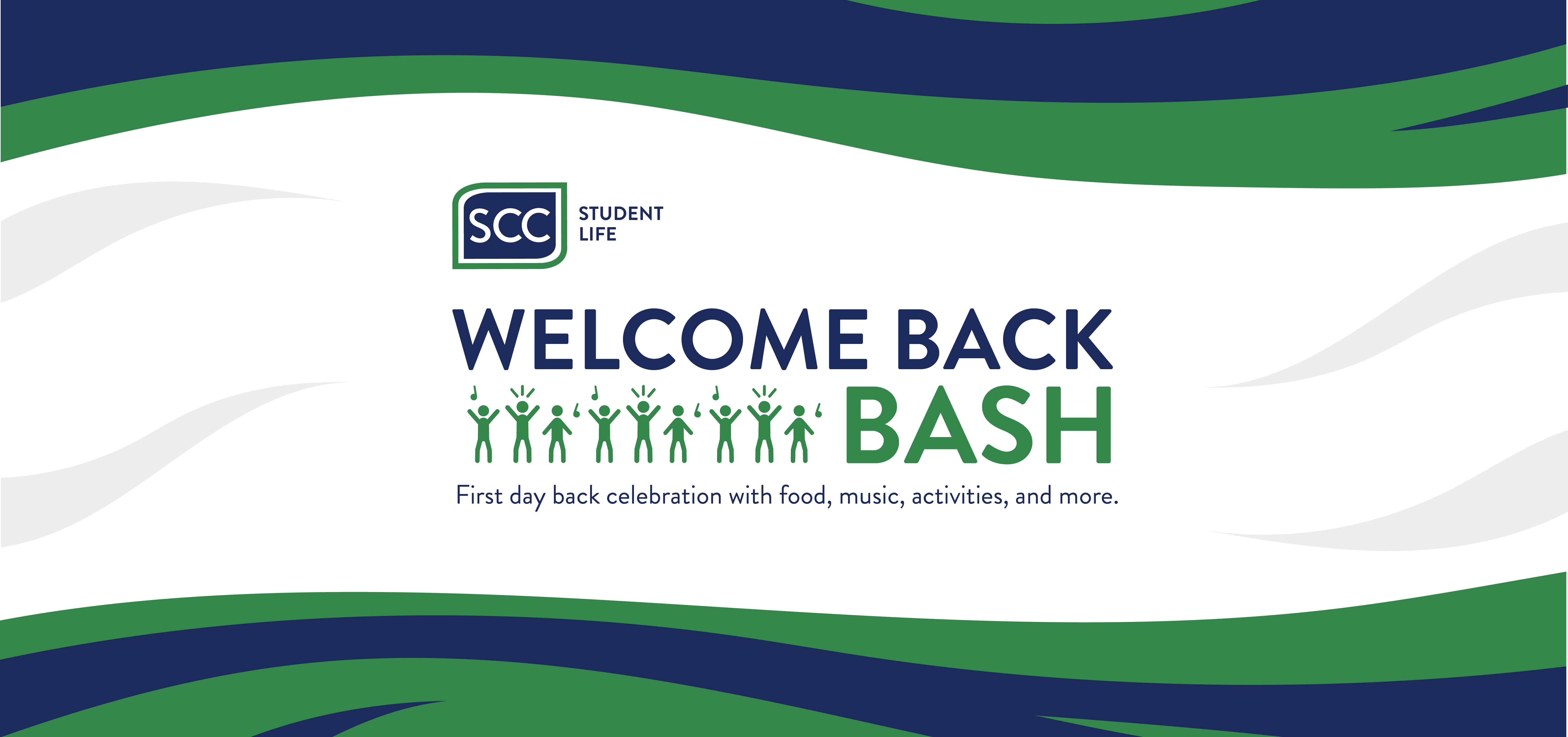 An image featuring a white graphic banner with wavy dark blue and green borders at the top and bottom. The center contains text that reads, 