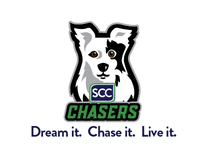 The official mascot logo for the Spartanburg Community College (SCC) Chasers, featuring a black and white border collie head with a green and white 