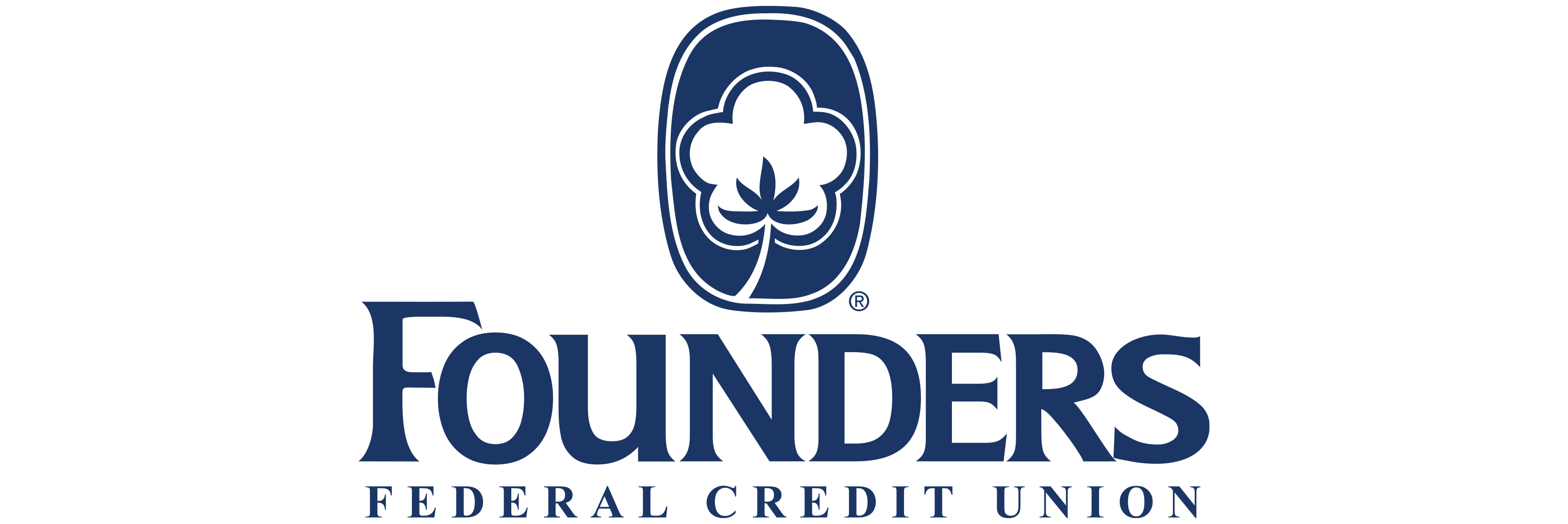 Company logo on a solid white background featuring a dark blue vertical oval emblem at the top with a white border cutout. Inside the oval is a white graphic illustration of a cotton boll with dark blue leaf details at the base. Below the emblem, the word