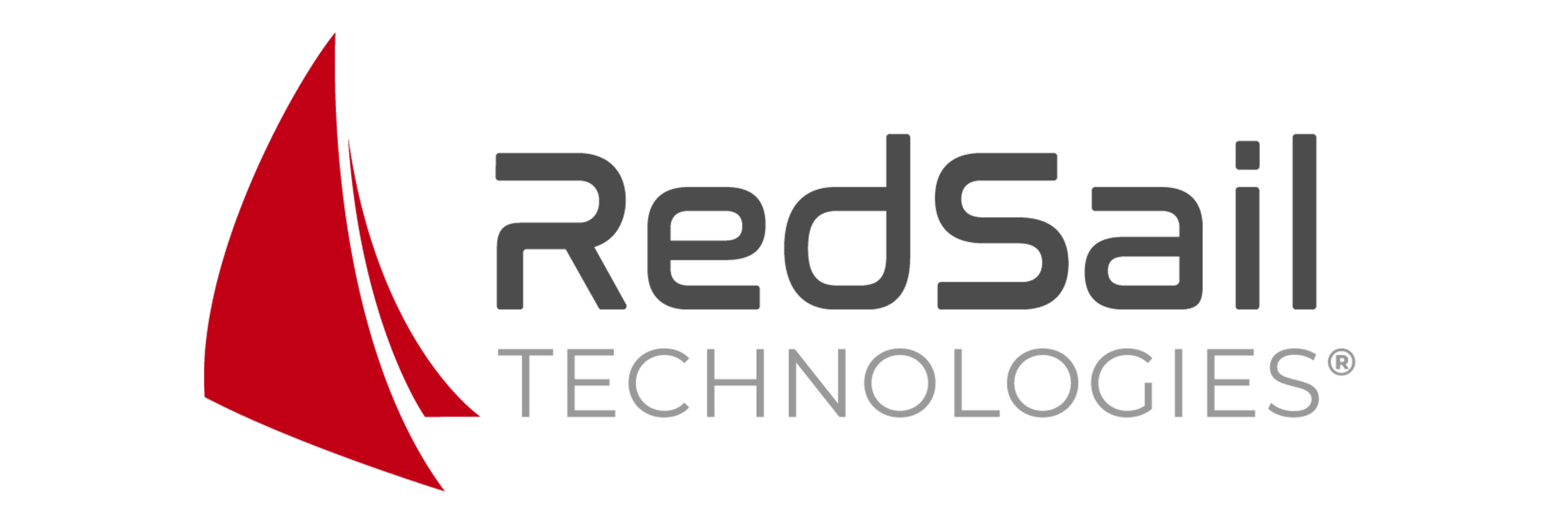 A corporate company logo set against a clean white background, featuring a bold red sailboat sail icon on the left. The stylized sail icon is composed of three sweeping triangular red segments layered together. To the right of the graphic, the text