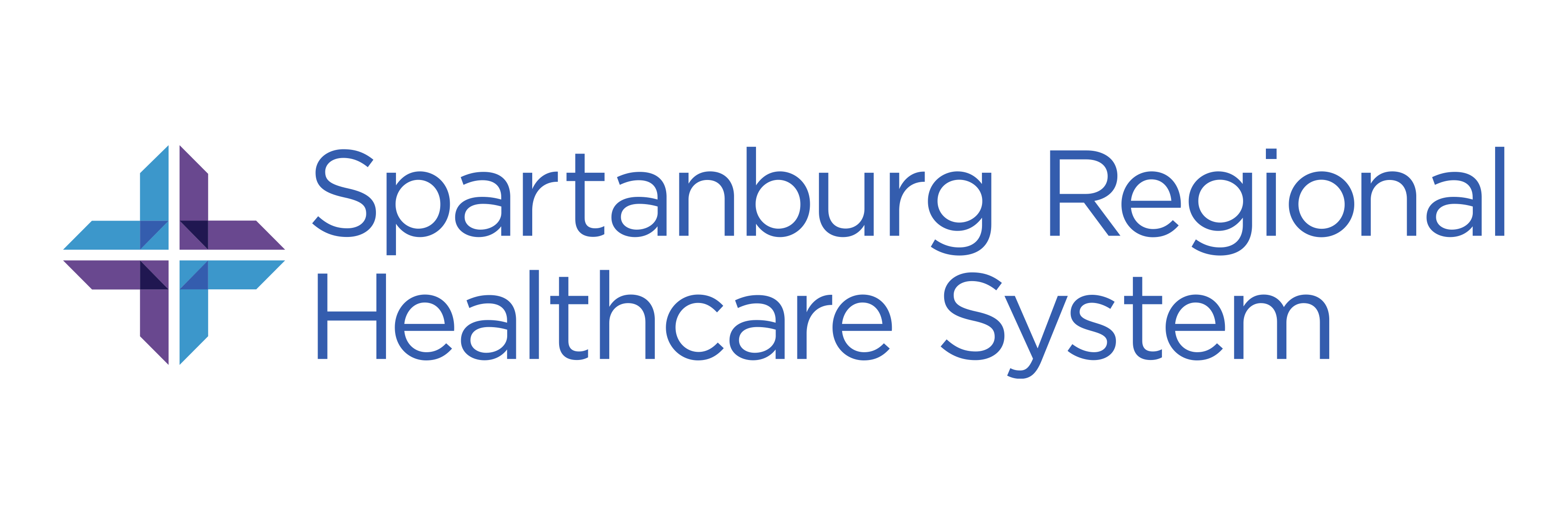 A corporate medical logo on a solid white background featuring a stylized geometric cross symbol on the left. The cross is composed of four arrow-like geometric shapes pointing outward, featuring layered segments of purple, dark blue, and light blue. To the right of the icon, the text