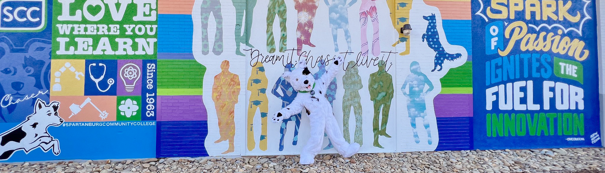 Image of Chaser mascot in front of spirit wall