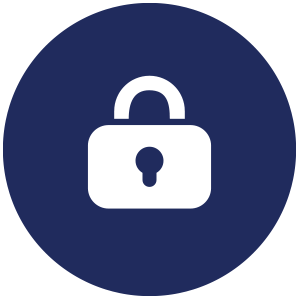 Circular icon with a dark blue background featuring a white padlock symbol at the center, including a closed shackle and keyhole. The simple design represents security, privacy, or protected access.