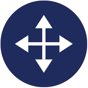 Circular icon with a solid dark blue background displaying four white arrows pointing outward in up, down, left, and right directions from a central point. The design is minimal and symmetrical, representing expansion, navigation, or directional movement.