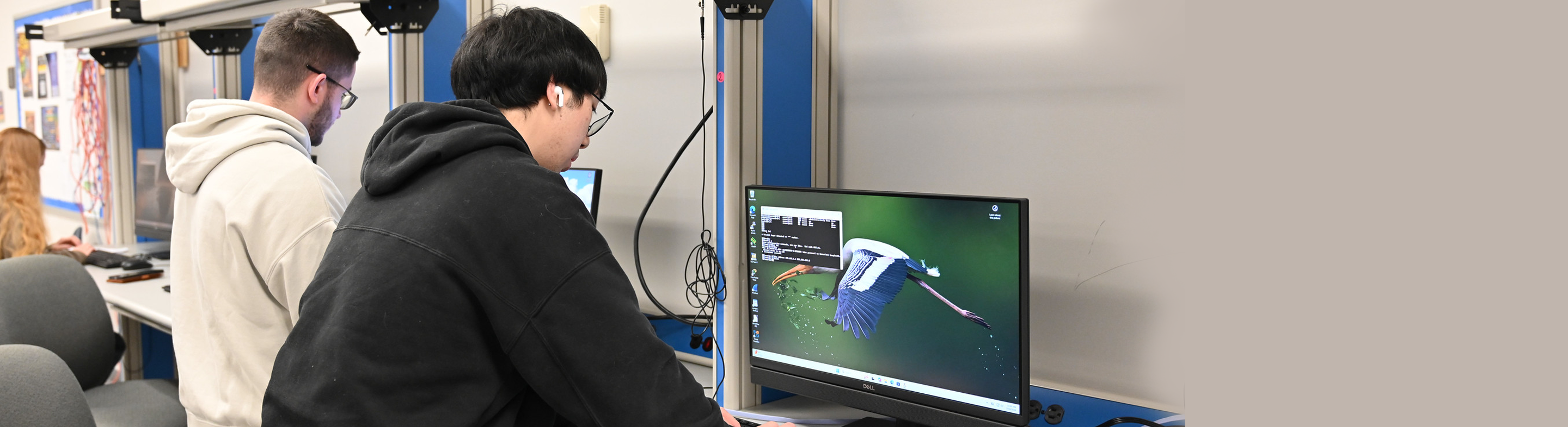 Students work at desktop computers in a lab, focusing on coding and technical tasks on their screens.