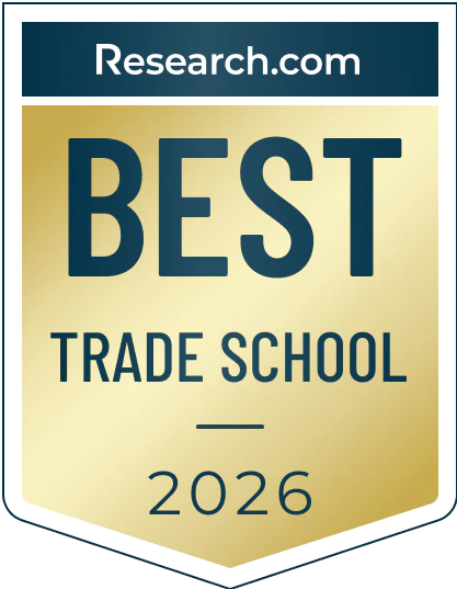 Gold badge-style graphic from Research.com displaying the text “BEST TRADE SCHOOL 2026” with a dark blue header reading “Research.com,” indicating an institutional recognition award.