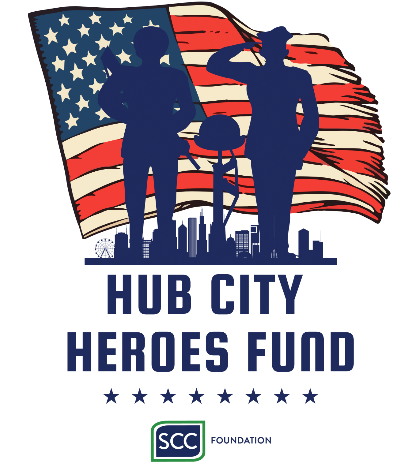 Graphic for the Hub City Heroes Fund featuring silhouettes of military service members in front of a waving American flag and a city skyline below, with bold navy text reading “HUB CITY HEROES FUND” and the SCC Foundation logo displayed at the bottom in a clean patriotic design.