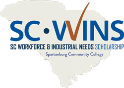 SC WINS logo displayed over a light gray silhouette of the state of South Carolina, featuring bold blue text “SC·WINS” with an orange checkmark integrated into the design, and smaller text below reading “SC Workforce & Industrial Needs Scholarship” and “Spartanburg Community College,” representing workforce development and education funding.