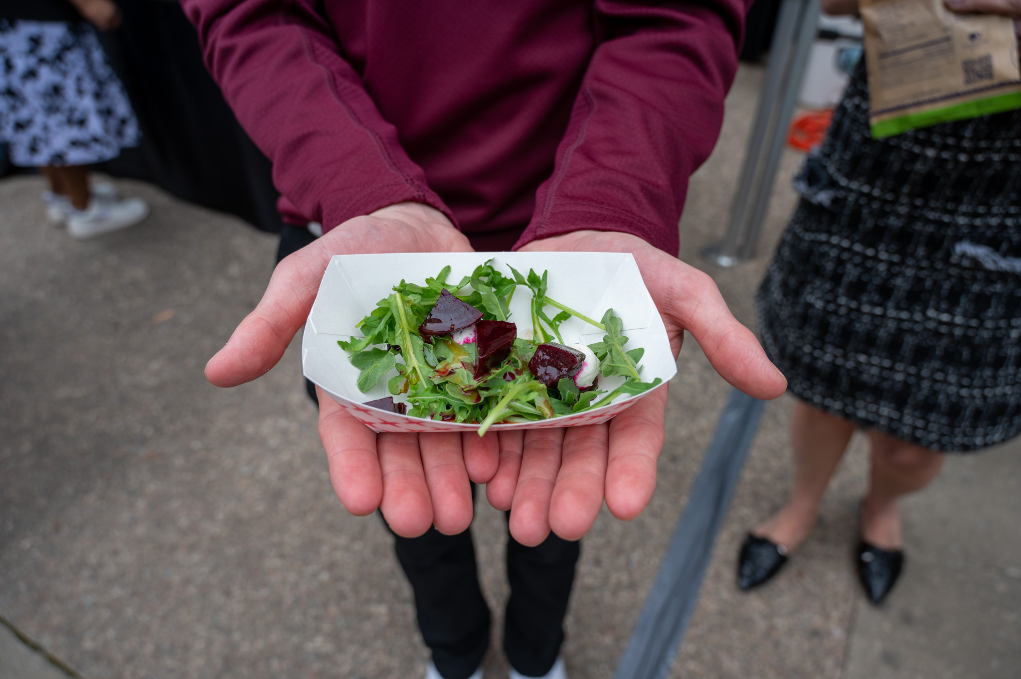 Image of a dish presented by SCC Culinary Instructors. It is ricotta balls, beets, and arugula.