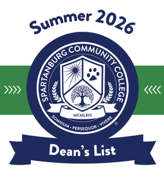 An academic badge for the Spartanburg Community College Summer 2026 Dean's List, featuring the official dark blue and white college seal centered over a horizontal green band, with 