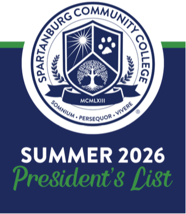 An academic announcement graphic featuring the official seal of Spartanburg Community College at the top. The seal displays a shield with a sun, a paw print, and a tree, along with the Latin words 