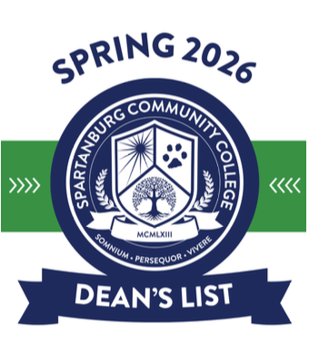 circular badge celebrating the Spring 2026 Dean's List for Spartanburg Community College. The official college seal is at the center, flanked by a horizontal green stripe with white arrow accents. Text reading 
