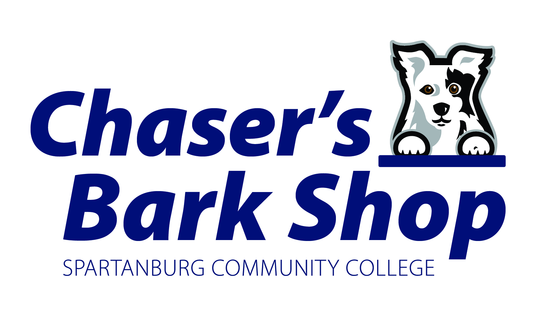 “Chaser’s Bark Shop” logo for Spartanburg Community College featuring bold dark blue text on a light background, with a stylized Chaser dog mascot peeking over a horizontal line next to the word “Chaser’s,” and smaller text below reading “SPARTANBURG COMMUNITY COLLEGE,” forming a clean and recognizable campus retail brand design.
