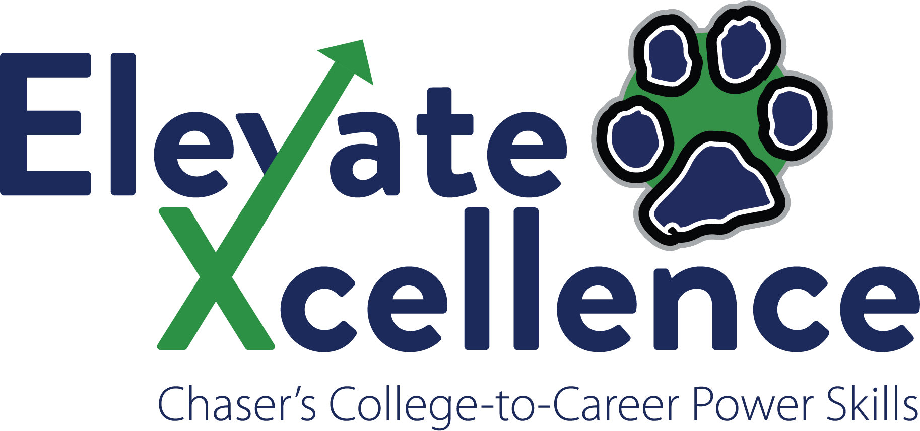 “Elevate Excellence” logo for Spartanburg Community College featuring bold navy text with a large green arrow forming the letter “X” in “Elevate,” alongside a navy and green paw print icon, with smaller text below reading “Chaser’s College-to-Career Power Skills,” presented on a light background in a clean modern design.