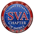 Student Veterans of America (SVA) Chapter logo displayed as a circular badge featuring a red, white, and blue color scheme, with large “SVA” lettering in the center and surrounding text reading “Student Veterans of America Chapter,” along with military branch names including Army, Navy, Air Force, Marines, and Coast Guard around the outer ring.