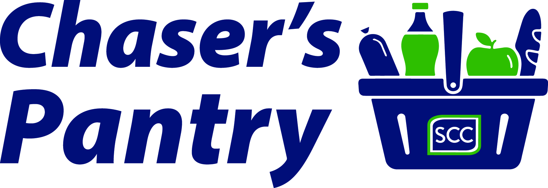 “Chaser’s Pantry” logo for Spartanburg Community College featuring bold dark blue text reading “Chaser’s Pantry” alongside a stylized shopping basket filled with food items including a bottle, apple, and loaf of bread, with an SCC logo on the basket, all set on a light background in a clean and supportive campus resource design.