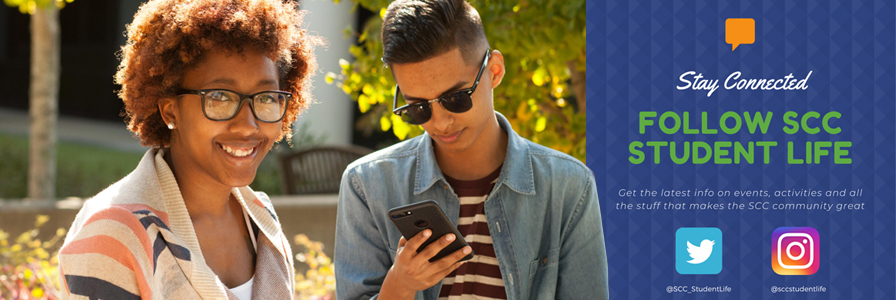 Split promotional banner showing two students seated outdoors on a campus bench on the left, one holding a phone while the other looks toward the camera, with sunlight and greenery in the background. On the right, a blue patterned panel displays bold text reading “Stay Connected FOLLOW SCC STUDENT LIFE,” with social media icons and account handles promoting campus engagement.
