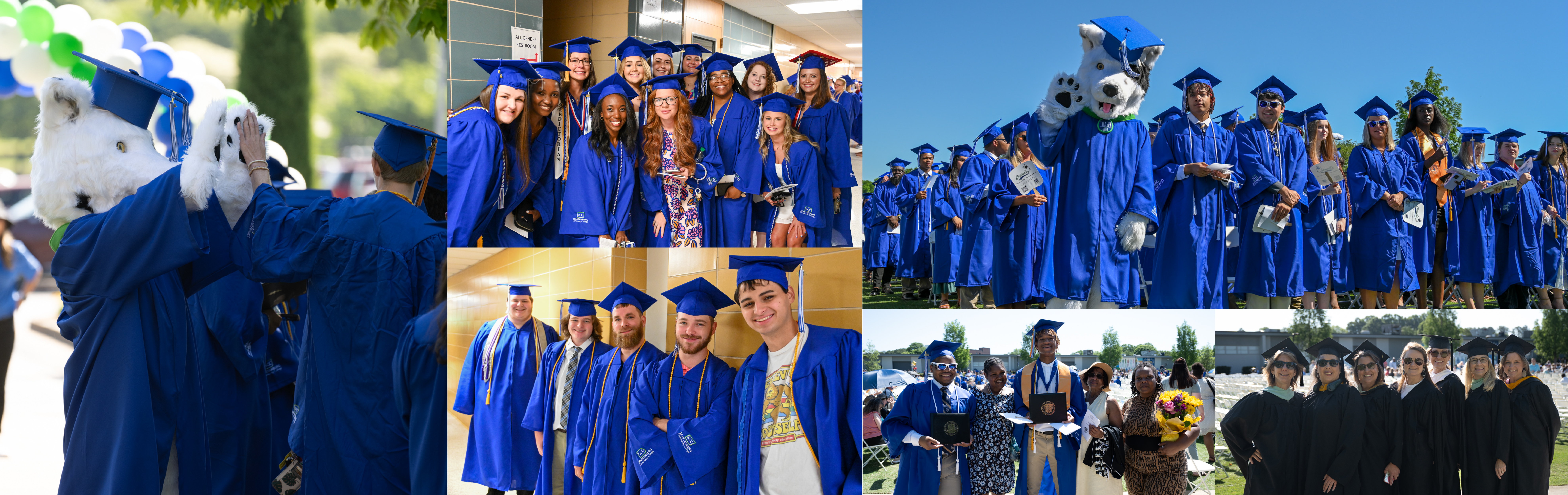 Collage of graduation scenes from Spartanburg Community College featuring groups of graduates in blue caps and gowns posing together, walking in ceremonies, holding diplomas, and celebrating with family and faculty, alongside appearances by the Chaser mascot, all set across indoor and outdoor campus environments.